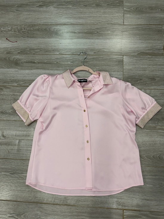 Karl Lagerfeld Tops - Karl Lagerfeld Paris Pink Satin Short-Sleeve Button-Up Blouse L